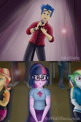 Size: 1100x1650 | Tagged: safe, artist:ro994, bulk biceps, flash sentry, rainbow dash, sci-twi, sunset shimmer, trixie, twilight sparkle, human, cheer you on, equestria girls, equestria girls series, g4, spoiler:eqg series (season 2), backstage, blushing, bowtie, chair, clothes, crossed legs, cute, female, geode of telekinesis, glasses, jacket, magical geodes, male, microphone, musical instrument, pants, ponytail, ship:flashlight, ship:sci-flash, shipping, shirt, shoes, singing, sitting, skirt, stage, straight, watermark