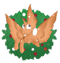 Size: 791x830 | Tagged: safe, artist:hunterthewastelander, oc, oc only, alicorn, pony, alicorn oc, bust, christmas wreath, commission, ear fluff, horn, simple background, spread wings, transparent background, wings, wreath, your character here