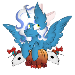 Size: 1000x1000 | Tagged: safe, artist:hunterthewastelander, oc, oc only, oc:fleurbelle, alicorn, pony, alicorn oc, candy, chest fluff, commission, ear fluff, female, flower, food, horn, impossibly large ears, mare, pumpkin, simple background, skull, solo, spread wings, transparent background, wings, ych result