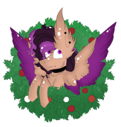 Size: 791x830 | Tagged: safe, artist:hunterthewastelander, oc, oc only, oc:ponebox, pegasus, pony, choker, christmas wreath, ear fluff, female, mare, pegasus oc, simple background, solo, spread wings, transparent background, wings, wreath, ych result