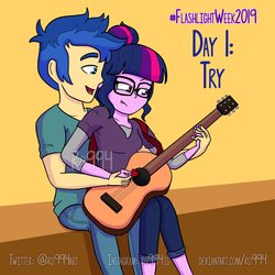 Size: 2313x2313 | Tagged: safe, artist:ro994, flash sentry, sci-twi, twilight sparkle, human, equestria girls, equestria girls series, g4, clothes, female, glasses, guitar, guitar pick, high res, holding hands, jeans, male, musical instrument, open mouth, pants, ship:flashlight, ship:sci-flash, shipping, shirt, sitting, sitting on person, straight, tongue out, watermark
