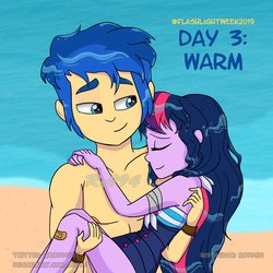 Size: 2232x2232 | Tagged: safe, artist:ro994, flash sentry, sci-twi, twilight sparkle, human, equestria girls, equestria girls series, g4, bandaid, beach, blue swimsuit, bridal carry, carrying, clothes, female, high res, lifeguard, male, ocean, one-piece swimsuit, partial nudity, ship:flashlight, ship:sci-flash, shipping, straight, striped swimsuit, swimsuit, topless, tricolor swimsuit, watermark, wet, wristband
