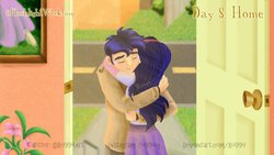 Size: 1366x768 | Tagged: safe, artist:ro994, flash sentry, sci-twi, twilight sparkle, human, equestria girls, g4, my little pony equestria girls: better together, blushing, clothes, crying, door, female, flower, grass, hug, male, ship:flashlight, ship:sci-flash, shipping, straight, street, watermark