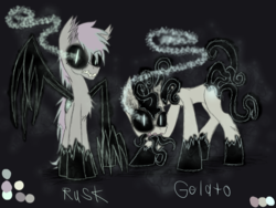 Size: 1600x1200 | Tagged: safe, artist:didun850, oc, oc only, oc:gelato, oc:rusk, earth pony, pony, black sclera, chest fluff, claws, dark background, duo, earth pony oc, glowing horn, horn, possessed, reference sheet, slit pupils, sombra eyes, tentacle tail, tentacle tongue, tentacles