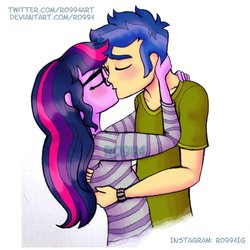 Size: 2990x2990 | Tagged: safe, artist:ro994, flash sentry, sci-twi, twilight sparkle, human, equestria girls, g4, my little pony equestria girls: better together, blushing, clothes, duo, female, glasses, high res, kiss on the lips, kissing, male, ship:flashlight, ship:sci-flash, shipping, shirt, simple background, straight, striped shirt, white background, wristband