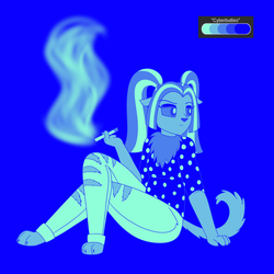 Size: 2250x2250 | Tagged: safe, artist:suchosophie, aria blaze, otter, anthro, digitigrade anthro, equestria girls, g4, cigarette, claws, clothes, crossed legs, digital art, female, fur, furry, high res, limited palette, looking away, paws, selkie, simple background, sitting, smoke, smoking, solo, species swap, tail