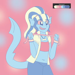 Size: 2250x2250 | Tagged: safe, artist:suchosophie, sonata dusk, shark, anthro, equestria girls, g4, bracelet, chew toy, clothes, elf ears, female, high res, jewelry, limited palette, necklace, ribbon, sharkgirl, sharp teeth, simple background, smiling, solo, teeth