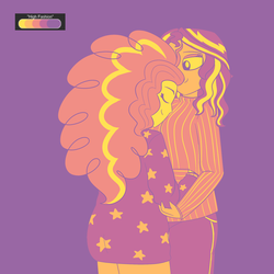 Size: 2250x2250 | Tagged: safe, artist:suchosophie, adagio dazzle, sunset shimmer, human, equestria girls, g4, clothes, female, high res, hug, lesbian, limited palette, ship:sunsagio, shipping, simple background, sweater