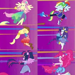 Size: 1080x1080 | Tagged: safe, edit, edited screencap, screencap, applejack, fluttershy, pinkie pie, rainbow dash, rarity, sci-twi, twilight sparkle, cheer you on, equestria girls, g4, my little pony equestria girls: better together, boots, clothes, cowboy hat, gloves, hat, humane five, humane six, jacket, pants, ponied up, shirt, shoes, skirt, sleeveless, super ponied up, transformation, wings
