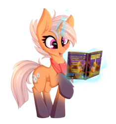 Size: 3400x3629 | Tagged: safe, alternate version, artist:omi, oc, oc only, oc:random roll, pony, unicorn, 2020 community collab, derpibooru community collaboration, background removed, book, clothes, female, high res, magic, scarf, simple background, solo, transparent background