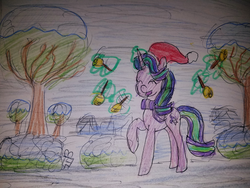 Size: 2880x2160 | Tagged: safe, artist:johng15, starlight glimmer, pony, unicorn, g4, bell, christmas, clothes, female, hat, high res, holiday, jingle bells, santa hat, scarf, snow, solo, traditional art