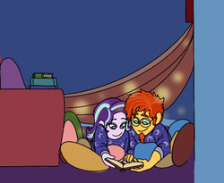Size: 1280x1051 | Tagged: safe, artist:ponyretirementhome, starlight glimmer, sunburst, equestria girls, g4, book, clothes, female, lying down, male, pajamas, pillow, reading, ship:starburst, shipping, straight