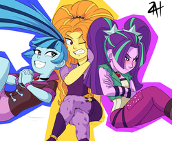 Size: 2165x1772 | Tagged: safe, artist:animana21, adagio dazzle, aria blaze, sonata dusk, equestria girls, g4, my little pony equestria girls: rainbow rocks, angry, blushing, falling, grin, one eye closed, pigtails, ponytail, simple background, smiling, the dazzlings, twintails