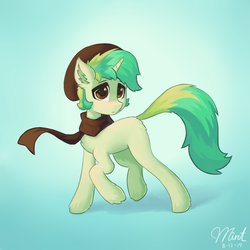 Size: 4096x4096 | Tagged: safe, artist:mintart, oc, oc only, pony, unicorn, clothes, hat, male, raised hoof, scarf, simple background, solo, stallion