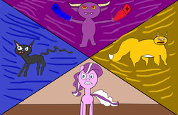 Size: 2460x1584 | Tagged: safe, artist:coltfan97, diamond tiara, oc, oc:dazzle, oc:il, oc:peal, cat, earth pony, imp, pony, g4, 1000 hours in ms paint, colored, flat colors, gemstones, low quality