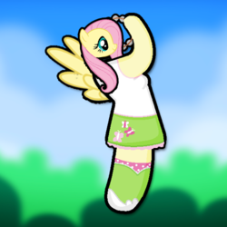 Size: 500x500 | Tagged: safe, artist:thread8, fluttershy, pegasus, anthro, g4, base used, clothes, day, female, golf blitz, musical instrument, solo, spread wings, tambourine, wings