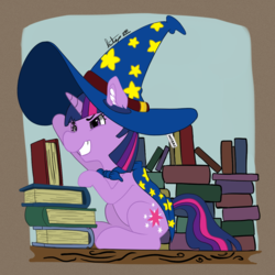 Size: 1200x1200 | Tagged: safe, artist:sondy, twilight sparkle, pony, unicorn, g4, book, book fort, bookhorse, cape, clothes, cute, eyebrows, female, filly, filly twilight sparkle, hasbro, hat, mane, oversized hat, simple background, sitting, smiling, solo, stars, tail, toned paper, unicorn twilight, wizard hat, wood, younger