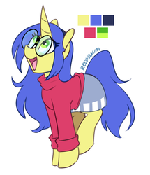 Size: 476x553 | Tagged: safe, artist:redxbacon, oc, oc only, oc:logical leap, pony, unicorn, clothes, female, glasses, mare, simple background, skirt, solo, sweater, white background