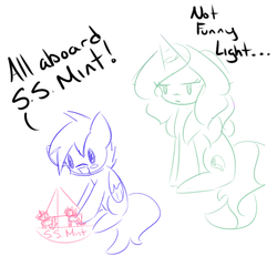 Size: 512x512 | Tagged: safe, artist:kaggy009, oc, oc only, oc:lightking, oc:peppermint pattie (unicorn), pegasus, pony, unicorn, ask peppermint pattie, boat, colt, female, male, mare, sketch, toy