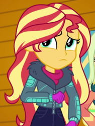Size: 814x1078 | Tagged: safe, screencap, sunset shimmer, equestria girls, equestria girls series, g4, holidays unwrapped, spoiler:eqg series (season 2), clothes, cropped, female, jacket, solo focus, winter jacket