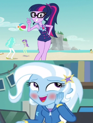 Size: 329x436 | Tagged: safe, edit, edited screencap, screencap, sci-twi, trixie, twilight sparkle, equestria girls, equestria girls specials, g4, my little pony equestria girls: better together, my little pony equestria girls: forgotten friendship, clothes, female, lesbian, ship:sci-twixie, ship:twixie, shipping, shipping domino, swimsuit