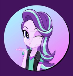 Size: 878x911 | Tagged: safe, artist:diilaycc, starlight glimmer, equestria girls, g4, blowing a kiss, cute, deviantart watermark, female, gradient background, kissing, missing accessory, obtrusive watermark, one eye closed, solo, watermark, wink