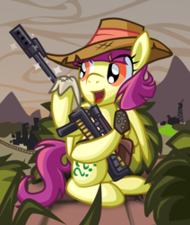 Size: 822x970 | Tagged: safe, artist:cazra, thrilly filly, pegasus, pony, fallout equestria, tails of equestria, bush, cleaning, female, gun, hat, mountain, rifle, ruins, sniper rifle, solo, wasteland, weapon