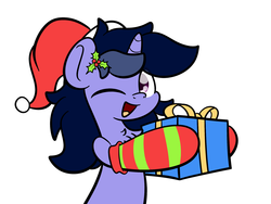 Size: 2048x1536 | Tagged: dead source, safe, artist:php142, oc, oc only, oc:purple flix, pony, unicorn, christmas, clothes, cute, hat, holiday, holly, looking at you, male, one eye closed, present, socks, solo, stallion, wink, ych example, your character here