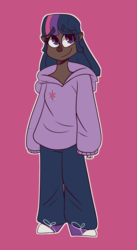Size: 1092x2000 | Tagged: safe, artist:pomtree-poki, twilight sparkle, human, g4, clothes, converse, dark skin, female, hoodie, humanized, jeans, pants, purple background, shoes, simple background, solo