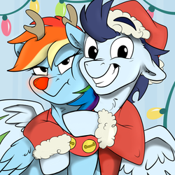 Size: 1000x1000 | Tagged: safe, artist:rutkotka, rainbow dash, soarin', pegasus, pony, g4, antlers, christmas, christmas lights, clothes, commission, cute, dashabetes, female, hat, hearth's warming, holiday, looking at you, male, mare, rainbow dash is not amused, red nose, rudolph dash, santa hat, ship:soarindash, shipping, soarinbetes, stallion, straight, unamused
