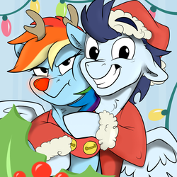 Size: 1000x1000 | Tagged: safe, artist:rutkotka, rainbow dash, soarin', pegasus, pony, g4, antlers, christmas, christmas lights, clothes, cute, dashabetes, female, hat, hearth's warming, holiday, looking at you, male, mare, rainbow dash is not amused, red nose, rudolph dash, santa hat, ship:soarindash, shipping, soarinbetes, stallion, straight, unamused