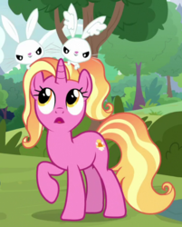 Size: 499x621 | Tagged: safe, screencap, luster dawn, pony, rabbit, unicorn, g4, the last problem, animal, cropped, ear fluff, female, looking up, mare, raised hoof, trio