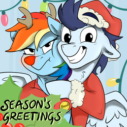 Size: 1000x1000 | Tagged: safe, artist:rutkotka, rainbow dash, soarin', pegasus, pony, g4, antlers, christmas, christmas lights, clothes, cute, dashabetes, female, hat, hearth's warming, holiday, looking at you, male, mare, rainbow dash is not amused, red nose, rudolph dash, santa hat, ship:soarindash, shipping, soarinbetes, stallion, straight, text, unamused