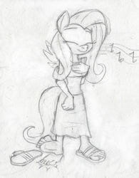 Size: 878x1125 | Tagged: safe, artist:dertikleen, fluttershy, anthro, g4, barefoot, feet, female, fetish, foot fetish, foot tapping, humming, monochrome, music notes, one shoe off, sandals, solo, tapping, traditional art