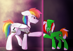 Size: 1261x888 | Tagged: safe, artist:lostinthetrees, oc, oc:rainbowrise, oc:wandering sunrise, earth pony, pegasus, pony, fallout equestria, crying, dead, fallout, father and daughter, female, goodbye, last right, male, not rainbow dash, pain, shaman, spirit, stable-tec, veil between life and death, wandering sunrise