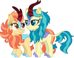 Size: 1400x1093 | Tagged: safe, artist:cloudy glow, aunt holiday, auntie lofty, kirin, g4, duo, female, kirin-ified, lesbian, ship:lofty day, shipping, simple background, smiling, species swap, transparent background