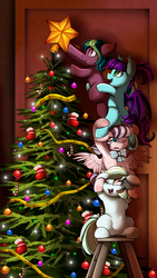Size: 1736x3083 | Tagged: safe, artist:pridark, oc, oc only, bat pony, earth pony, pegasus, pony, bat pony oc, christmas, christmas tree, commission, decorating, decoration, female, filly, holiday, ornaments, stars, tree