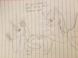 Size: 4032x3024 | Tagged: safe, artist:asiandra dash, rainbow dash, oc, oc:rainbowrio, alicorn, pegasus, pony, g4, flying, headphones, implied derpibooru, implied rainbow factory, lined paper, pencil drawing, phone, question mark, spread wings, text, traditional art, wings