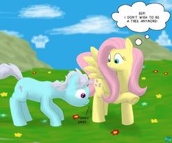 Size: 600x500 | Tagged: safe, artist:quint-t-w, fluttershy, screw loose, earth pony, pegasus, pony, g4, behaving like a dog, cloud, female, flower, meadow, old art, single panel, sniffing, thought bubble