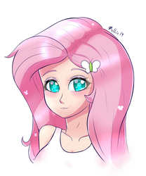 Size: 2916x3500 | Tagged: safe, artist:melliedraws, fluttershy, butterfly, human, g4, :3, blushing, breasts, bust, cleavage, colored pupils, eyeshadow, female, hair ornament, high res, humanized, lidded eyes, lipstick, looking at you, makeup, portrait, simple background, smiling, solo, white background