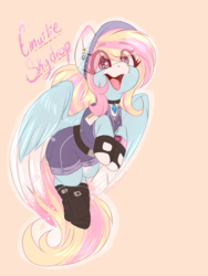 Size: 1500x2000 | Tagged: safe, artist:red_moonwolf, oc, oc:emailie skydrop, pegasus, pony, boots, clothes, collar, female, fishnets, gloves, mailmare, shoes, simple background, smiling, snapback