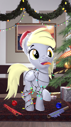 Size: 1080x1920 | Tagged: safe, artist:owlpirate, derpy hooves, pony, g4, 3d, christmas, christmas lights, christmas tree, female, holiday, solo, source filmmaker, tongue out, tree