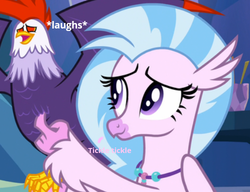 Size: 500x384 | Tagged: safe, artist:gooeybird, edit, edited screencap, screencap, edith, silverstream, cockatrice, hippogriff, g4, student counsel, added captions, cropped, duo, female, laughing, tickling, wings