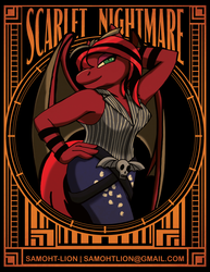 Size: 612x792 | Tagged: safe, artist:samoht-lion, oc, oc only, oc:scarlet nightmare, bat pony, anthro, anthro oc, arm behind head, bat pony oc, clothes, female, hat, lidded eyes, mare, smiling, solo, text