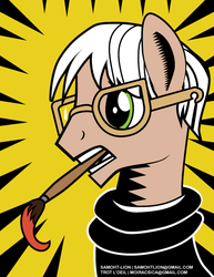 Size: 449x581 | Tagged: safe, artist:samoht-lion, pop art (g4), earth pony, pony, g4, abstract background, andy warhol, bust, clothes, glasses, male, mouth hold, paintbrush, ponified, solo, stallion