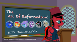 Size: 911x500 | Tagged: safe, artist:samoht-lion, discord, king sombra, princess luna, starlight glimmer, sunset shimmer, trixie, oc, oc:toonkriticy2k, alicorn, draconequus, pegasus, pony, unicorn, g4, 2016, chalkboard, clothes, comments locked down, cursed image, female, funny aneurysm moment, glasses, harsher in hindsight, hat, hilarious in hindsight, hypocrisy, irony, male, mare, necktie, smiling, stallion, suit, this didn't age well, title card, toongate, top hat