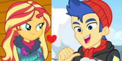 Size: 1436x720 | Tagged: safe, edit, edited screencap, screencap, flash sentry, sunset shimmer, equestria girls, equestria girls specials, g4, my little pony equestria girls: better together, my little pony equestria girls: holidays unwrapped, female, male, ship:flashimmer, shipping, shipping domino, straight