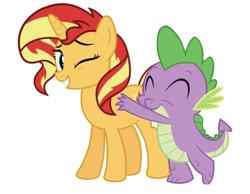 Size: 750x583 | Tagged: artist needed, safe, edit, editor:undeadponysoldier, spike, sunset shimmer, dragon, pony, unicorn, g4, female, hug, hug from behind, male, mare, one eye closed, ship:sunsetspike, shipping, simple background, straight, white background, wink