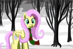 Size: 1095x730 | Tagged: safe, artist:platinumdrop, fluttershy, pegasus, pony, g4, clothes, female, mare, scarf, solo, tree, winter