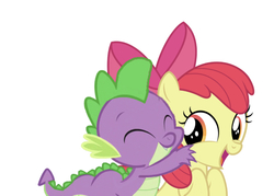 Size: 750x537 | Tagged: safe, artist:dashiesparkle edit, edit, editor:undeadponysoldier, apple bloom, spike, dragon, earth pony, pony, g4, adorabloom, bow, cute, female, filly, hug, hug from behind, male, ship:spikebloom, shipping, simple background, straight, white background